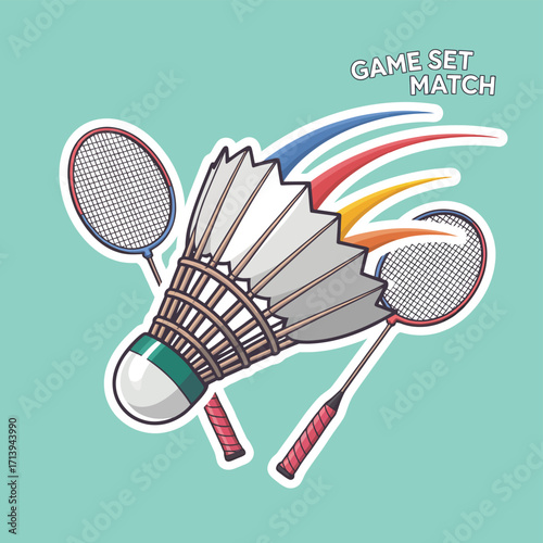 A blue and black badminton racket with a shuttlecock is isolated on a white background