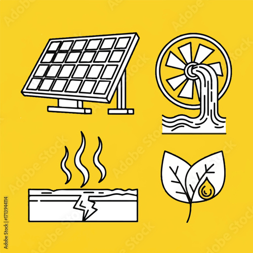 Flat line illustration set of solar panel, hydroelectric turbine, pollution, and green leaf on yellow background.