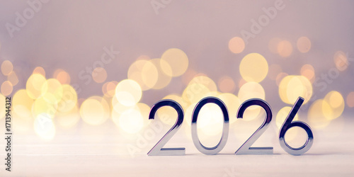 Metal numbers 2026 on a white table with Christmas trees and bokeh lights. Happy New Year 2026 is coming concept.