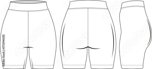 women sport, athletic, yoga shorts fashion flat template vector front back and side view.