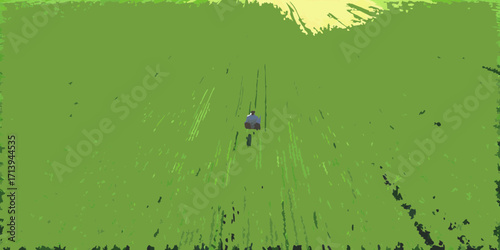 Lone figure on a bicycle rides through a vast green field under a bright sky