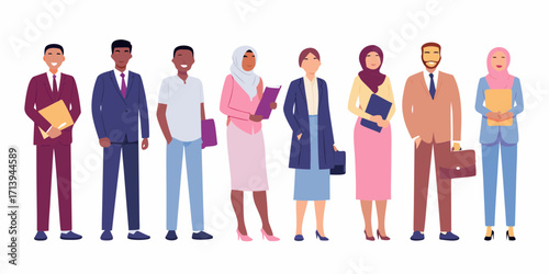 Diverse group of professionals standing together in business attire holding folders and briefcases
