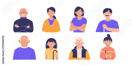 Diverse group of people in flat illustration style showing different ages and genders