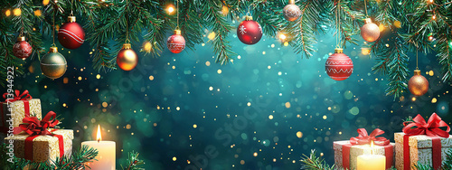 Gift boxes and burning candles under hanging fir branches and baubles against a golden bokeh background, a festive composition with copy space