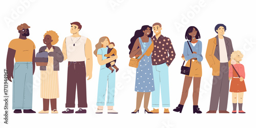 Diverse group of people standing together representing a modern multicultural community and family units