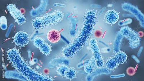 Microscopic View of Bacteria in Blue and Red