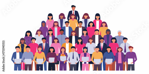 Diverse group of people standing together in a pyramid formation representing unity and community