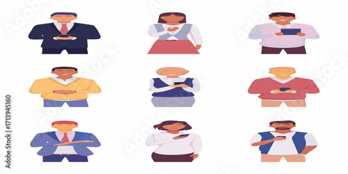 Diverse group of nine people using mobile phones and tablets in a flat design style