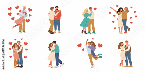Collection of diverse couples embracing and celebrating love surrounded by hearts