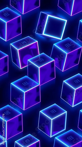 Neon Cubes with Glowing Edges in a Geometric Pattern Digital Art