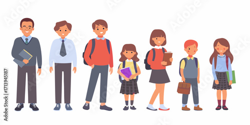 Diverse group of smiling cartoon children and one adult wearing school uniforms and carrying books and backpacks