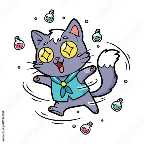 Enchanted Cat's Magical Whirl: A whimsical illustration of a cat, filled with joy and excitement, surrounded by swirling effects and whimsical potion bottles, bringing a playful essence of wonder.