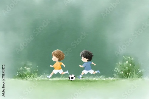 Two Kids Playing Soccer on Green Grass Field