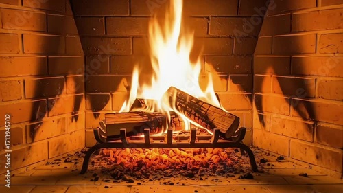 A cozy fireplace with crackling flames and glowing logs.