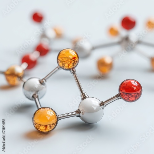 Vibrant Molecular Model - Interconnected Amber, Red, White Spheres, Scientific Structure, Shallow DOF.