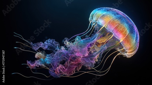 Vibrant Rainbow Jellyfish Illuminated Against Dark Abyss, Artistic Underwater Fantasy.