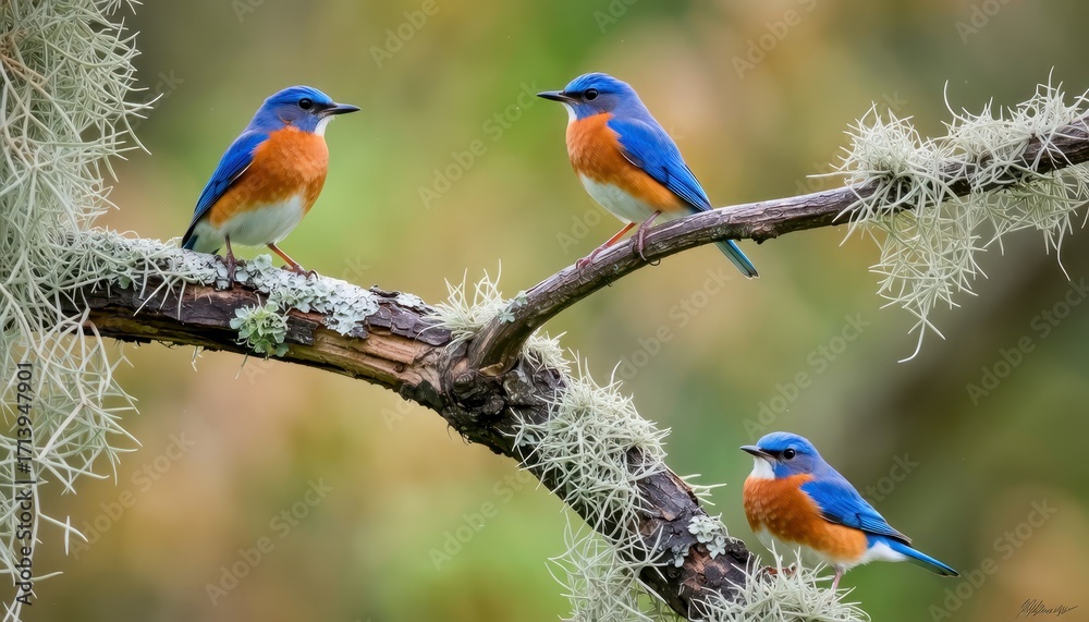 Fototapeta premium Colorful bluebirds perched on branch forest setting wildlife photography natural habitat close-up view avian beauty