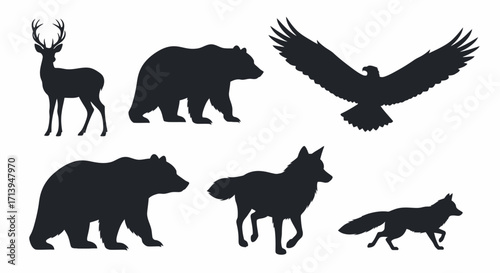 Silhouettes of wild animals including deer, bears, eagle, coyote, and fox on a white background.