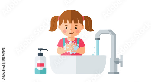 A girl washing her hands at a sink with soap and water.