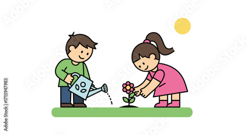 A cartoon boy and girl happily planting and watering a small flower together in a garden under the sun.