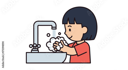 Illustration of a child washing hands with soap at a sink.
