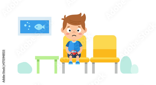 A worried young boy with a toy car sits alone in a doctor's office or hospital waiting room.