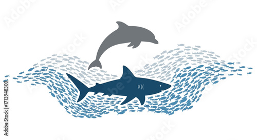 A dolphin leaps over a shark swimming through a large school of fish in a stylized ocean illustration.