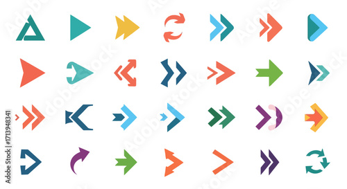 A diverse collection of colorful arrow icons and symbols in various styles and directions, suitable for navigation and interface design.