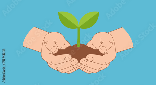 Hands cradling a small plant with green leaves, symbolizing growth and nurturing on a blue background.