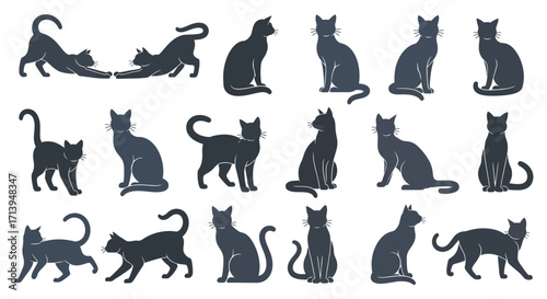 Collection of black cat silhouettes in various poses, isolated on white.