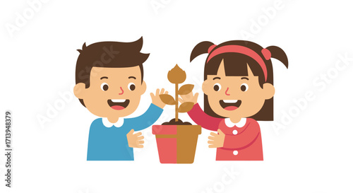 Two happy children, a boy and a girl, are tending to a small potted plant together, symbolizing growth and teamwork.