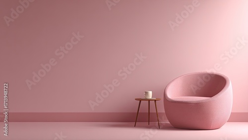 A blush pink room features a rounded armchair and small side table holding a candle, set against a plain wall