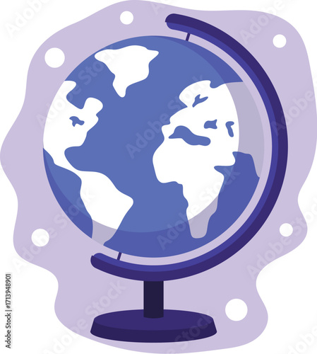 Stylized Blue and White World Globe Illustration with Dark Stand and Visible Continents.