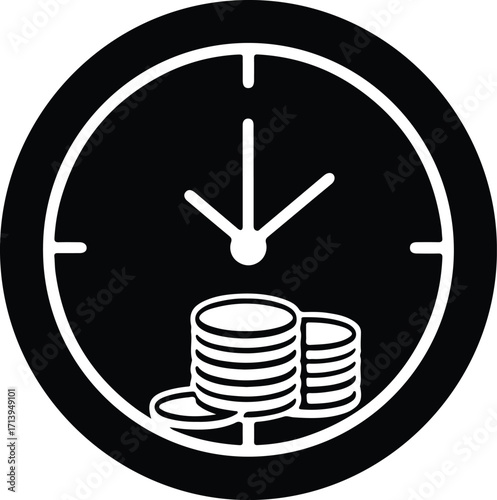 Vector Clock face with stacks of coins time is money silhouette illustrator