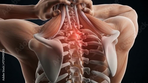 Anatomical illustration of severe upper back and neck pain showing muscle tension and spinal inflammation in the cervical and thoracic vertebrae of a human male anatomy