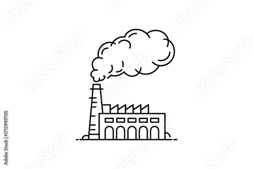 Minimalist Illustration of a Factory with Smoke Emitting from Chimney Representing Industrial Pollution and Environmental Issues on White Background