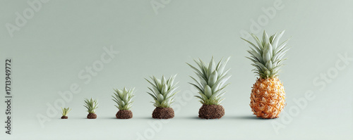 Conceptual image of pineapple growth stages in a row. It represents development, progress, evolution, and success. Clean and minimal style with pastel background.