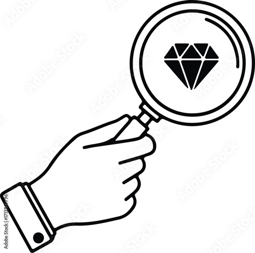 Vector Diamond under magnifying glass held by hand silhouette illustrator