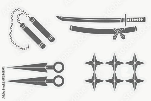 Ninja Weapons Set Illustration Featuring Katana Nunchucks Shurikens and Kunai Isolated Against a Clean White Background Ideal for Martial Arts Designs
