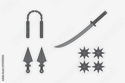 Ninja Weapons Isolated on White Background including Katana Nunchucks Throwing Stars and Kunai Ready for Action and Stealthy Combat