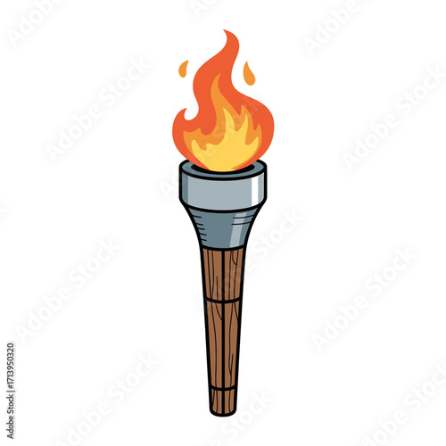 Cartoon Illustration of a Traditional Torch with Bright Flame Symbolizing the Olympic Games and International Sporting Events