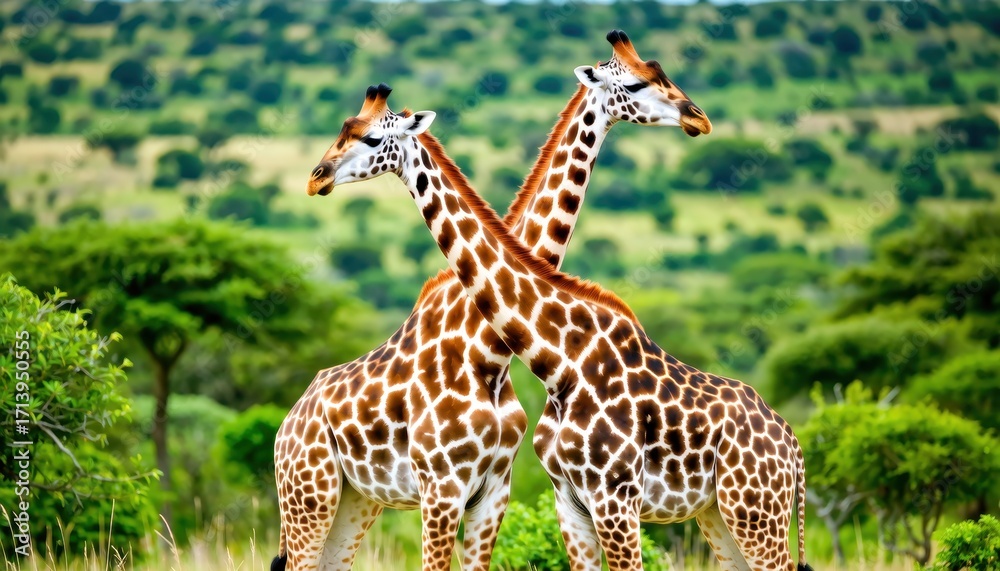 Obraz premium Giraffes interacting in the wild african savannah wildlife photography natural environment close-up perspective