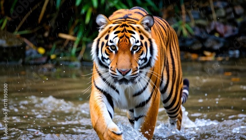 Tiger running through shallow water in jungle wildlife photography natural environment close-up view