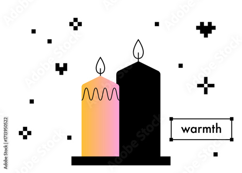 Two candle lights on white background with simple pixel pattern of sparkles, hearts, stars. Candlelight. Minimalist candle magic flat vector illustration for halloween, winter advent, birthday designs