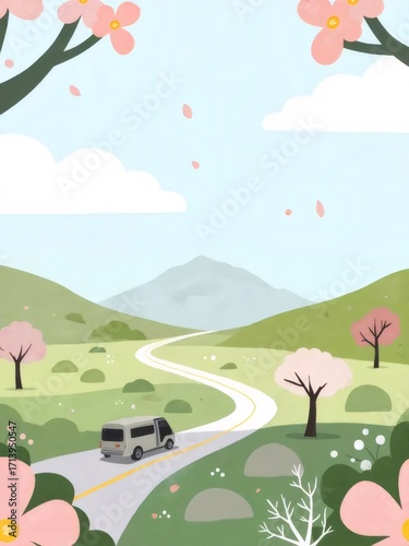 桜咲く春の田園風景を走るバンと山並み
