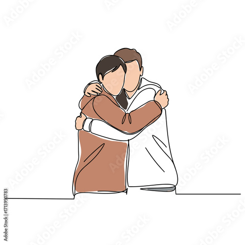 Couple embracing in a close hug with neutral background  