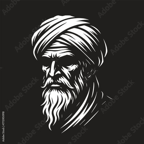 vector silhouette of the head of an ancient old middle east man wearing a turban in black background