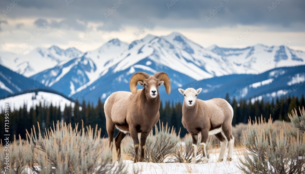 Naklejka premium Wild bighorn sheep paired in majestic mountain landscape nature photography rocky mountains scenic view