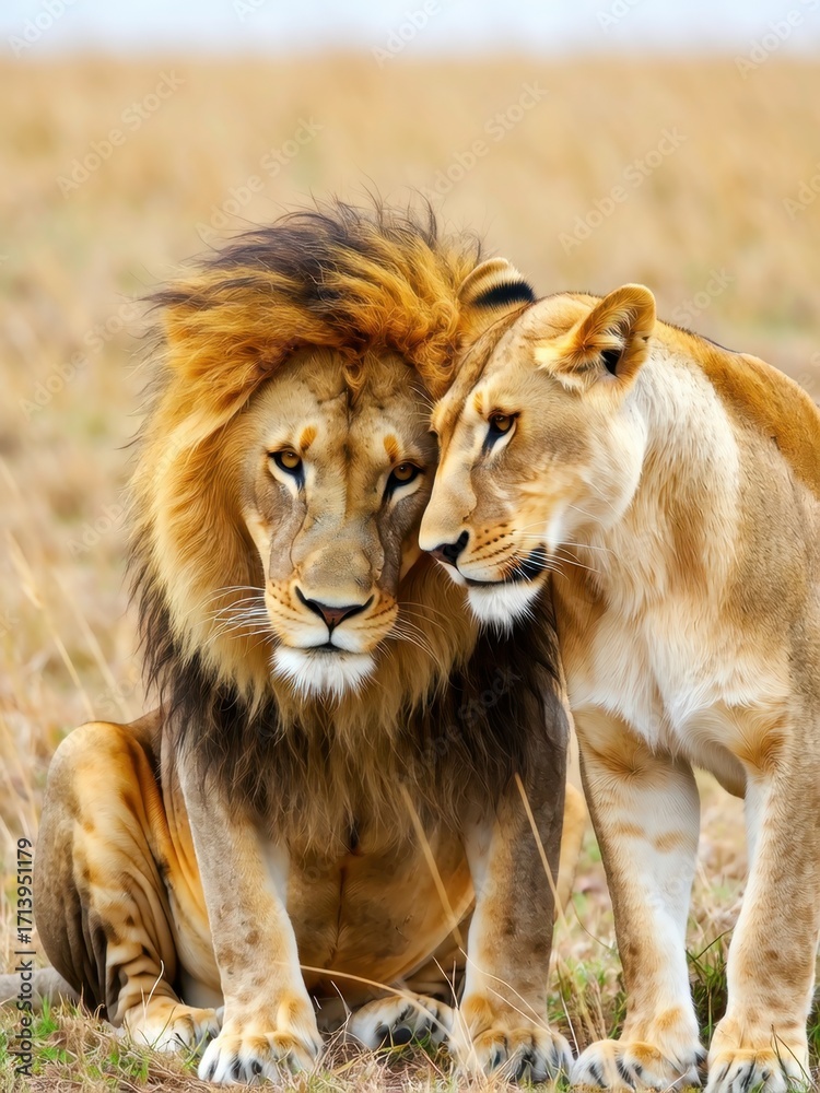 Fototapeta premium Majestic lions embracing in the african savanna wildlife photography natural habitat close-up perspective