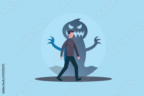 Man walking forward with a scary monster shadow looming behind him representing inner demons or fears